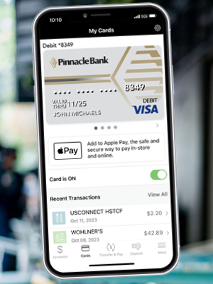 a phone showing a Pinnacle Bank card